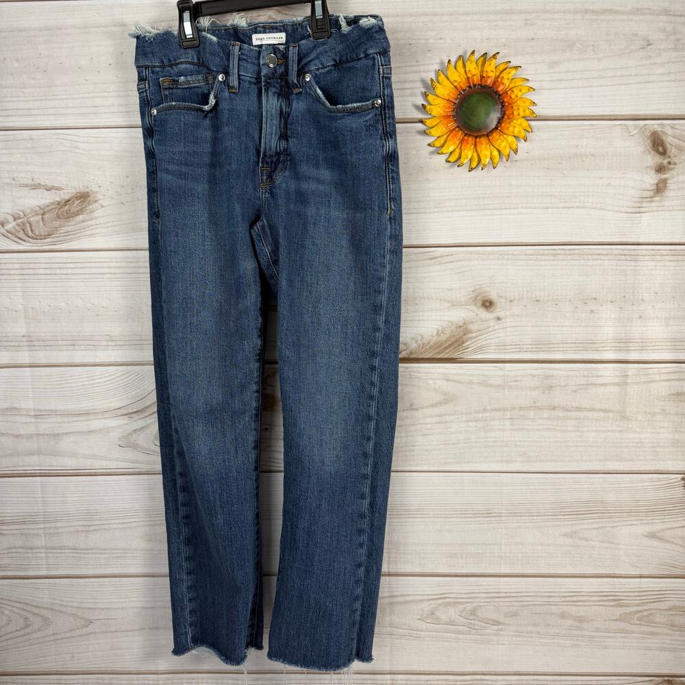 Good American Jeans‎ Women Size 4 27 Denim High Rise Straight Leg Distressed
